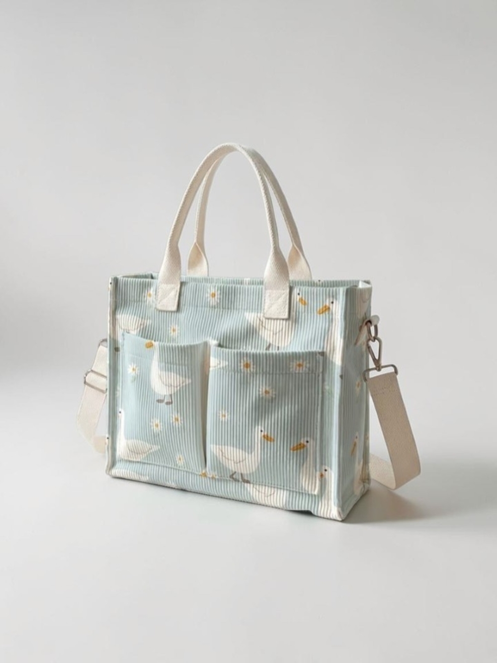 Cute Goose & Daisy Print Multi Pocket Tote Crossbody Shoulder Bag